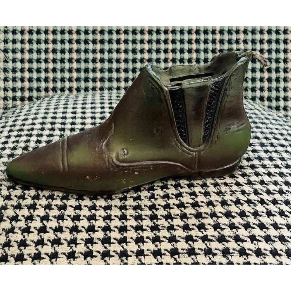 VTG Lego Stamped Western Cowboy Boot Coun Piggy Bank Brown Green W/ Stopper